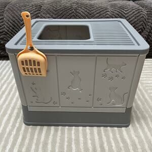Enclosed Printed Foldable Top Entry Cat Litter Box Pet Supplies